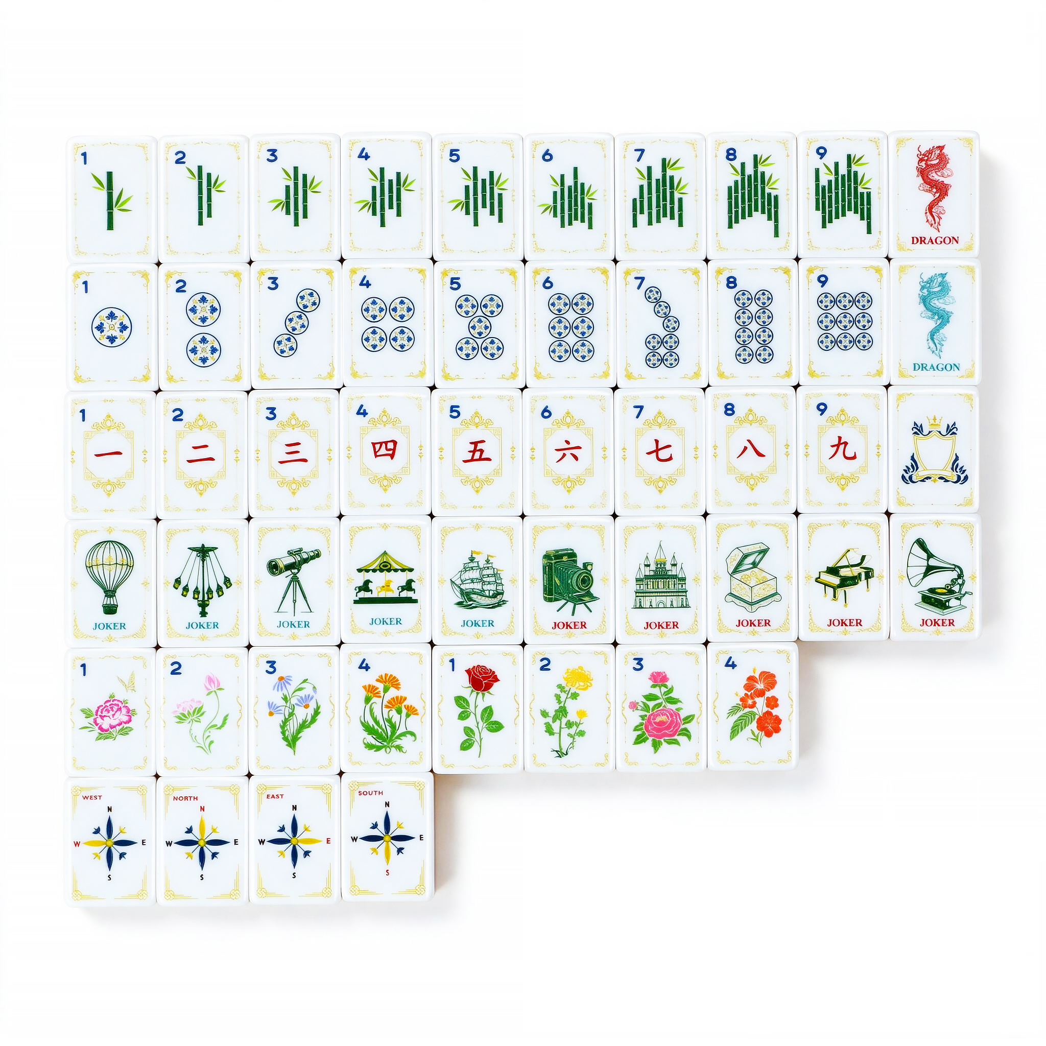 American Mahjong tile designs with gold borders and illustrated Jokers