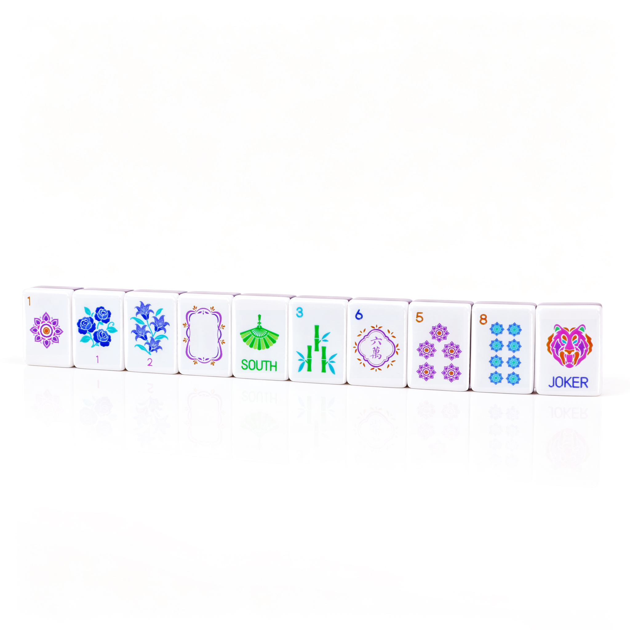 American Mahjong tiles with colorful floral, fan and Joker designs
