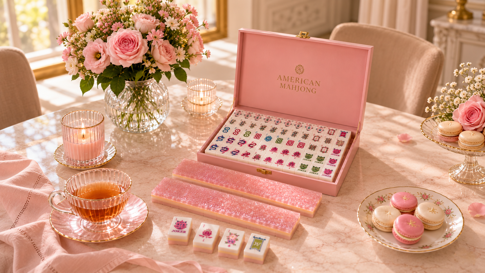 American Mahjong collection with a pink presentation box and patterned pink tile backs