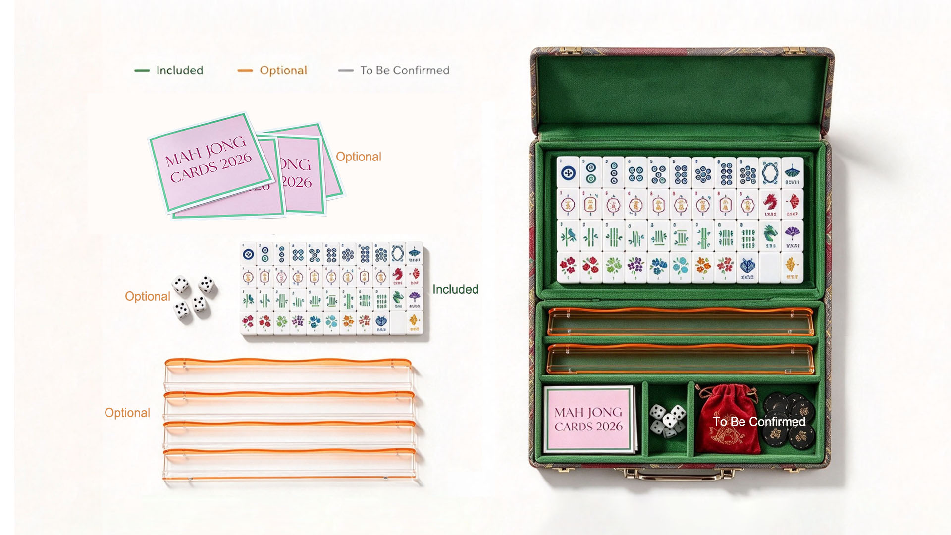 American Mahjong component-to-compartment packaging map with tiles and accessories