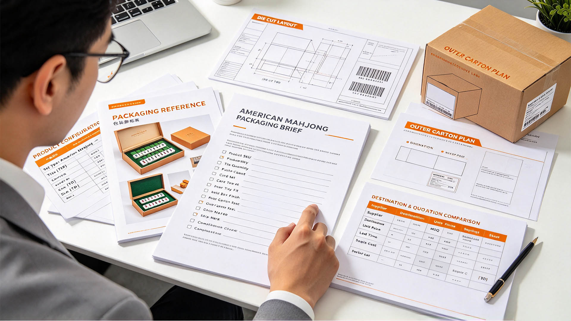 Buyer reviewing an American Mahjong packaging brief and supplier quotation scope
