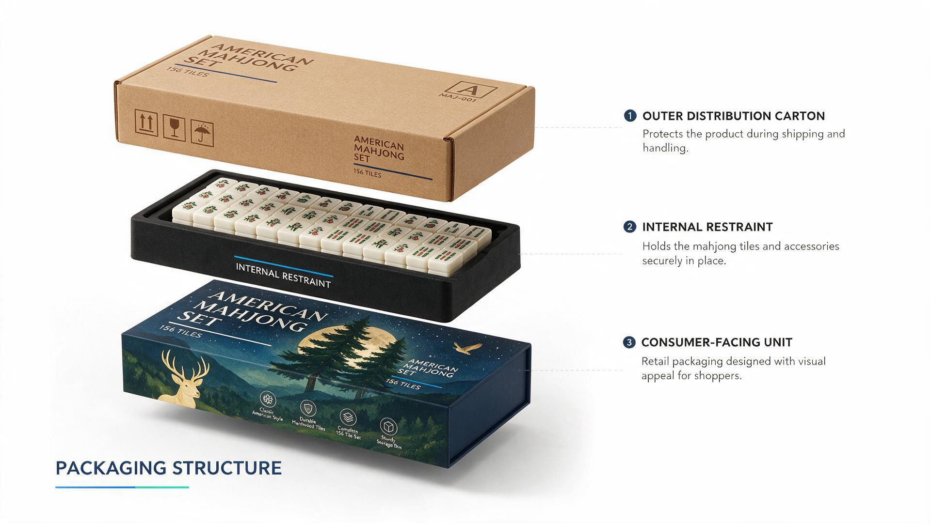 Three-layer American Mahjong packaging with insert, retail box and shipping carton