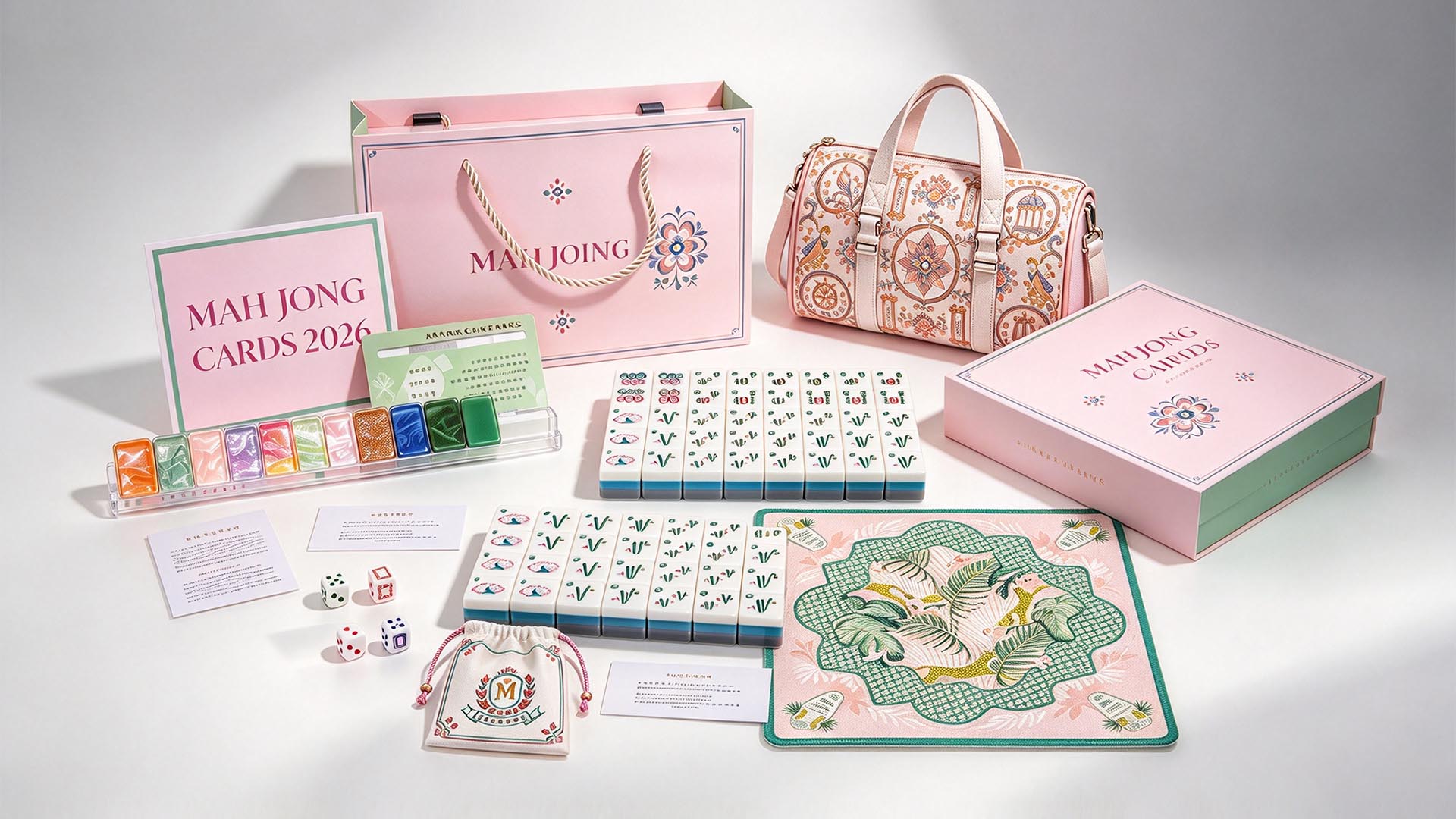 Wholesale American Mahjong accessories assortment with racks, pushers, mat, bag and dice
