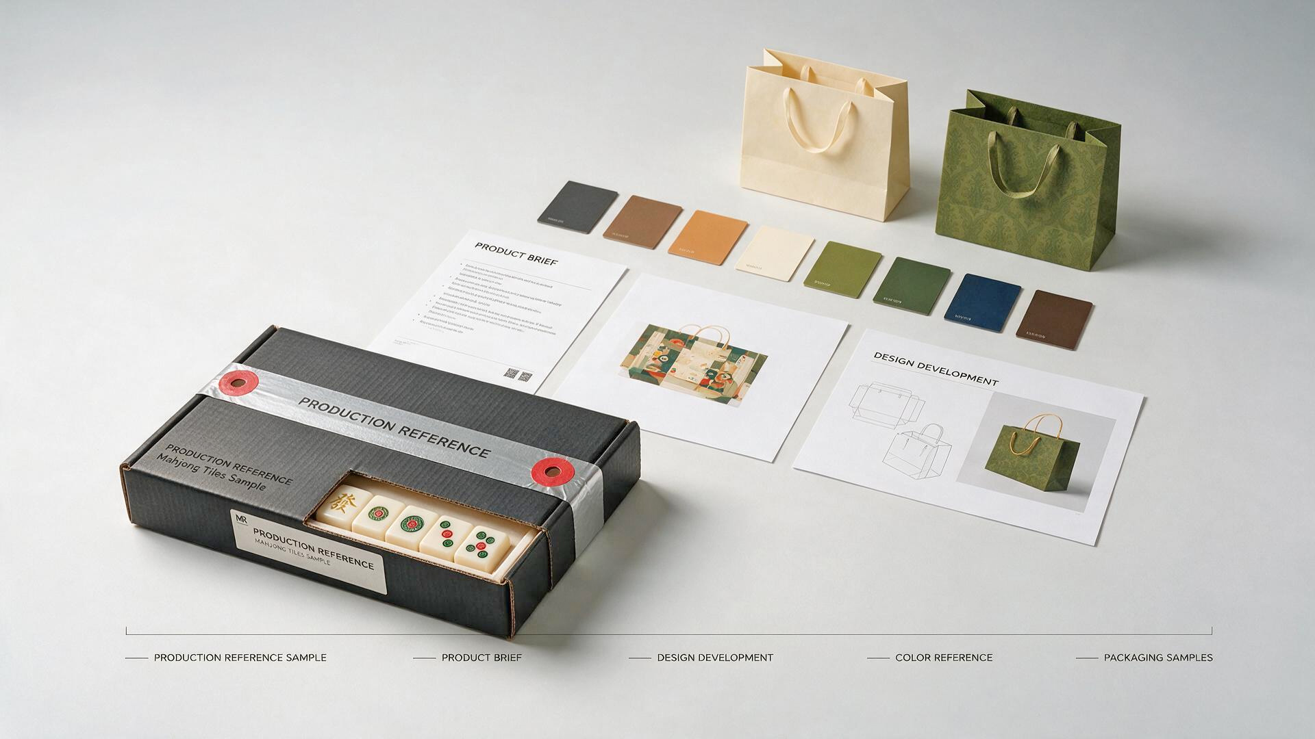 Private label American Mahjong project brief with tiles, packaging and design references