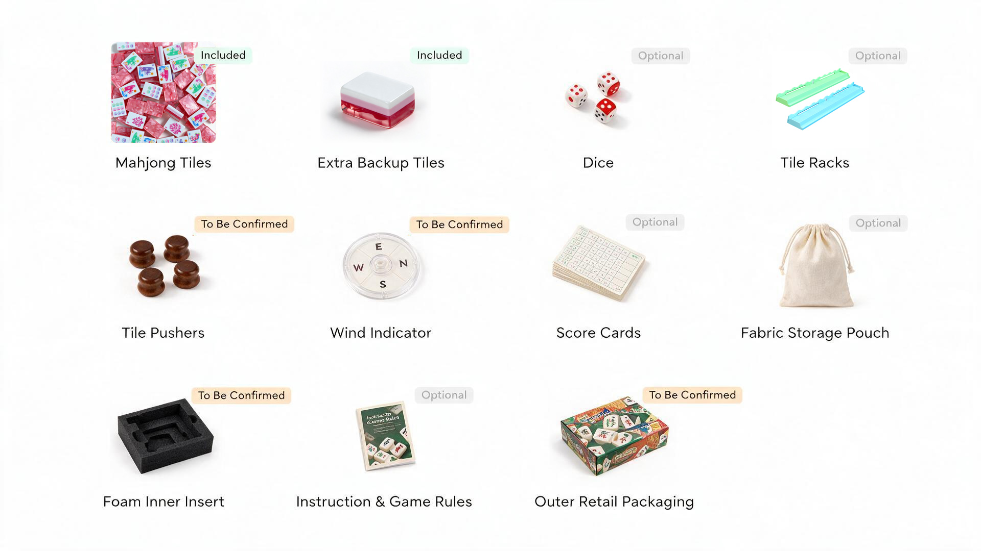 Private label American Mahjong set configuration with tiles, racks, pushers and accessories